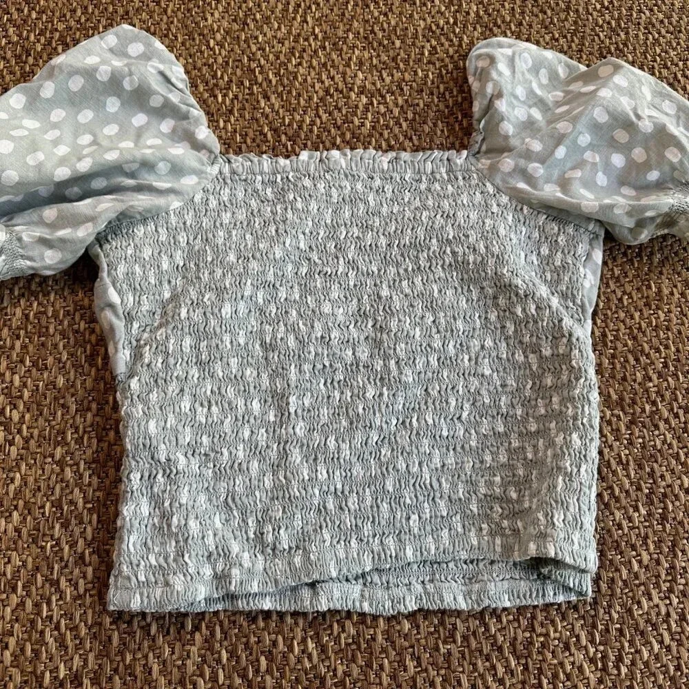 Abercrombie & Fitch Dot Smocked Crop Puff Sleeve Sage Blue Green Top Size Large